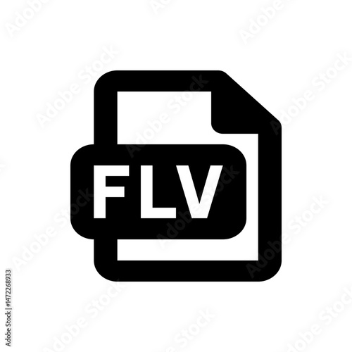 Black and white flv file format icon with rounded corners and bold letters representing video file type