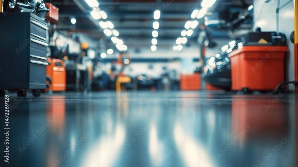 Obraz premium Spacious car repair workshop with shiny floors, tool cabinets, equipment, distant cars, and ceiling lights.