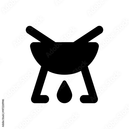 A simple black and white icon of a fondue pot with crossed forks and a flame underneath it on a white background