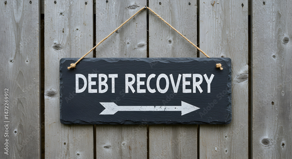Debt Recovery Message on Dark Gray Slate Sign with Arrow Hanging on Rustic Gray Wood Fence Debt Recovery Message on Dark Gray Slate Sign with Arrow Hanging on Rustic Gray Wood Fence