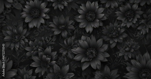 Abstract charcoal floral wallpaper, dark seamless pattern, flowers, modern