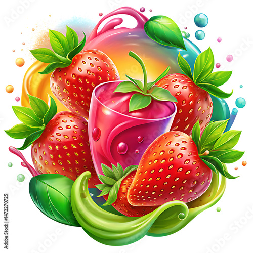 strawberry ice cream glass, smoothie,  natural product label,,  background