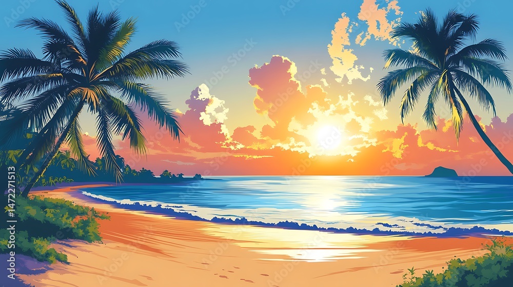 Obraz premium Tropical beach sunrise, calm ocean, palm trees, tranquil scene, perfect vacation