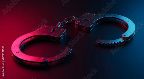 Detailed Metal Handcuffs on Dark Surface with Red and Blue Lighting for a Dramatic Effect Law Enforcement and Justice