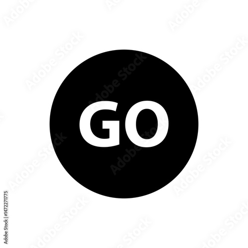 A black circle containing the word go in white letters centered within the shape for visual communication use