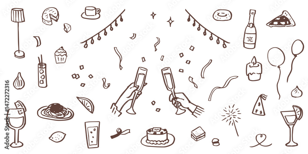 Hand drawn illustrations of restaurant meals and parties. Food for holidays and anniversaries. Food and drinks for dinners and lunches.