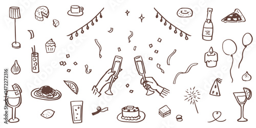 Hand drawn illustrations of restaurant meals and parties. Food for holidays and anniversaries. Food and drinks for dinners and lunches.