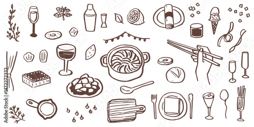 Hand drawn illustrations of restaurant meals and parties. Food for holidays and anniversaries. Food and drinks for dinners and lunches.