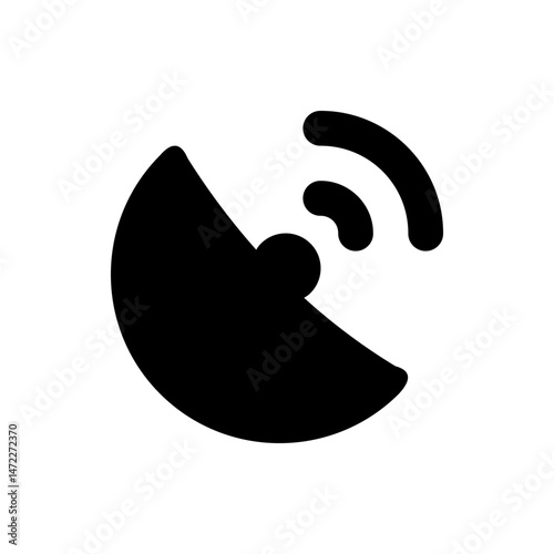 Black and white illustration of a satellite dish with radio waves emanating from its center point design