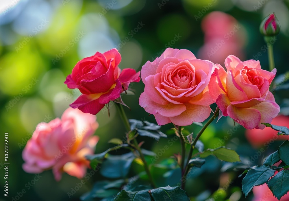 Fototapeta premium Beautiful pink and orange roses blooming in a lush green garden creating a vibrant and colorful atmosphere of nature's elegance and charm