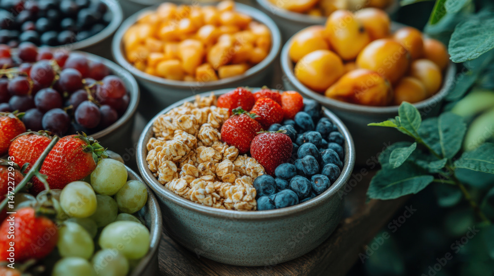 Brightly colored fruits and granola are arranged in bowls at a market, showcasing strawberries, blueberries, grapes, and more. The setting is lively and inviting, drawing attention Brightly colored fruits and granola are arranged in bowls at a market, showcasing strawberries, blueberries, grapes, and more. The setting is lively and inviting, drawing attention