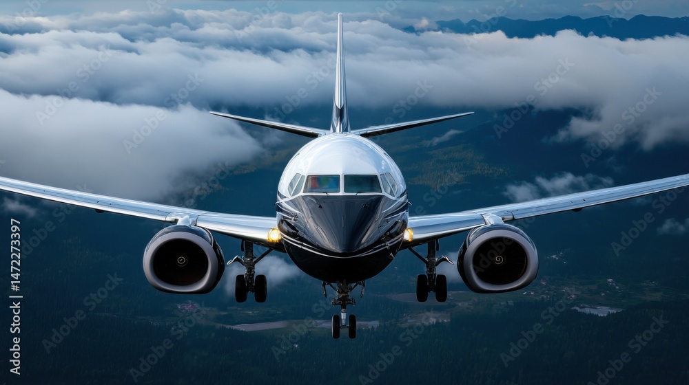 Naklejka premium A sleek airplane is captured flying directly toward the viewer amid a backdrop of fluffy clouds and a distant mountainous landscape. The scene is set against a bright blue sky