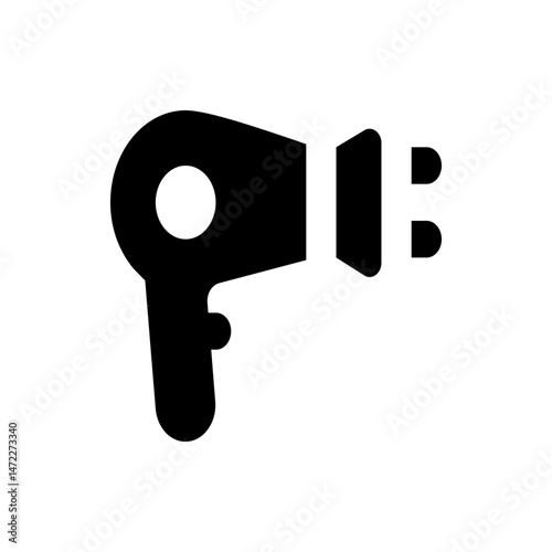 A solid black silhouette of a hair dryer with a circular vent and a plug extending from the side design