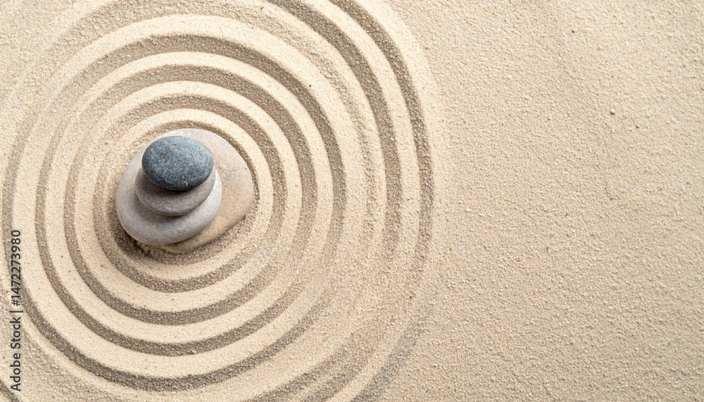 Naklejka premium Creating tranquility zen garden design serene environment sand patterns aerial perspective mindfulness concept