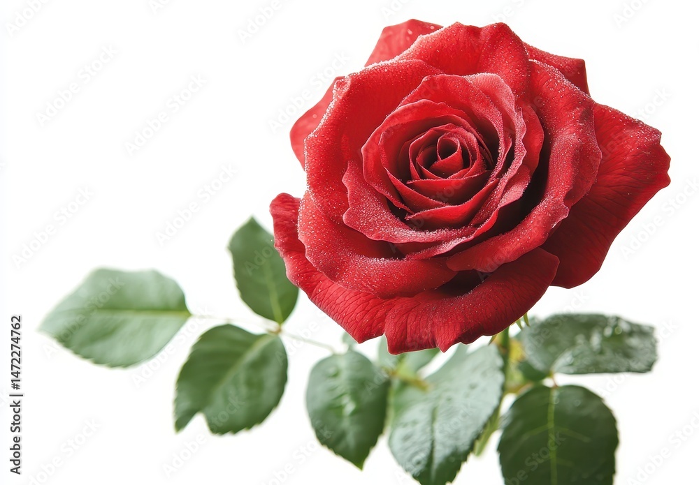 Fototapeta premium Beautiful red rose with delicate petals and vibrant color against soft white background, symbolizing love, beauty, and passion in nature's elegance