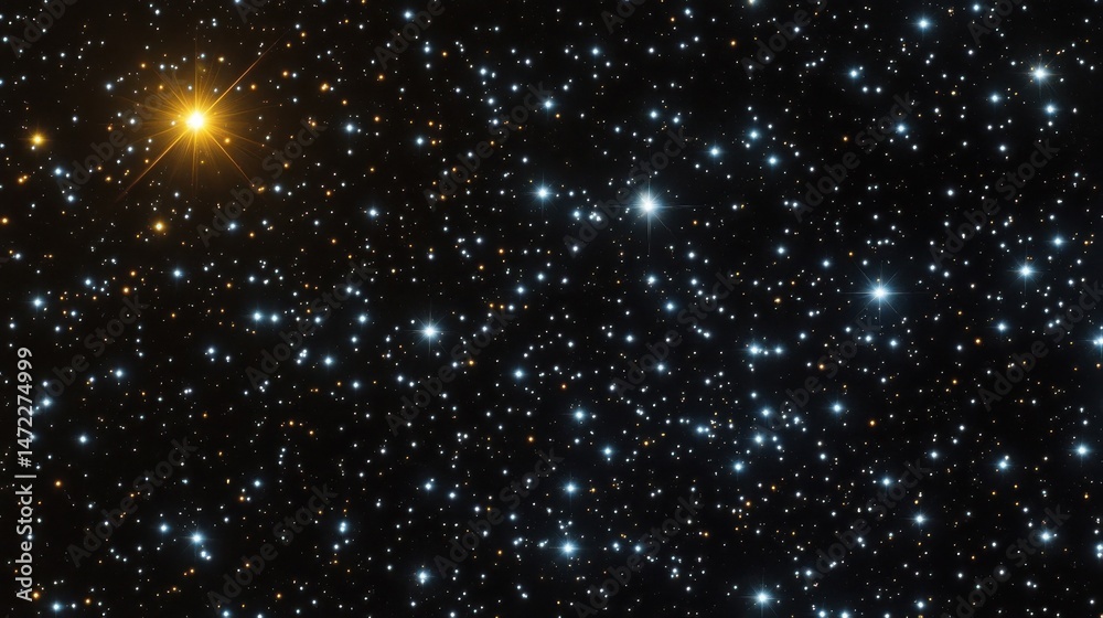 Obraz premium A vibrant cosmic scene showcasing numerous stars, with a prominent, bright, golden star dominating the left side, contrasting against a backdrop of smaller, twinkling stars in shades o : Generative AI
