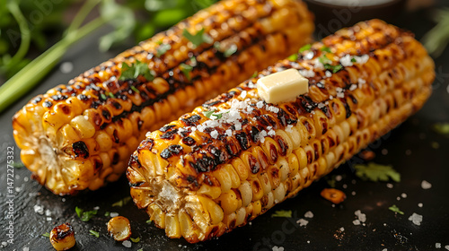 Grilled Corn on Cob with Butter and Fresh Herbs on Table