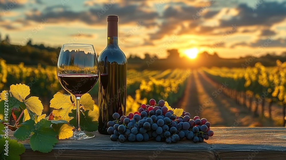 Fototapeta premium A bottle of red wine, a glass of red wine, and grapes on a wooden table in a vineyard at sunset.