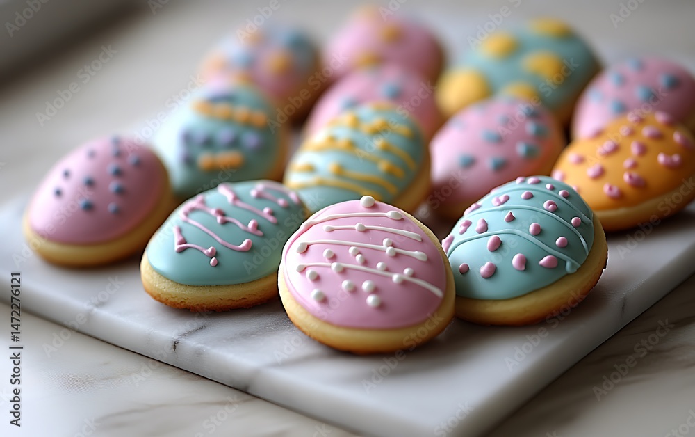 Colorful Easter Egg-Shaped Cookies on Marble Tray. Colorful Easter Egg-Shaped Cookies on Marble Tray.