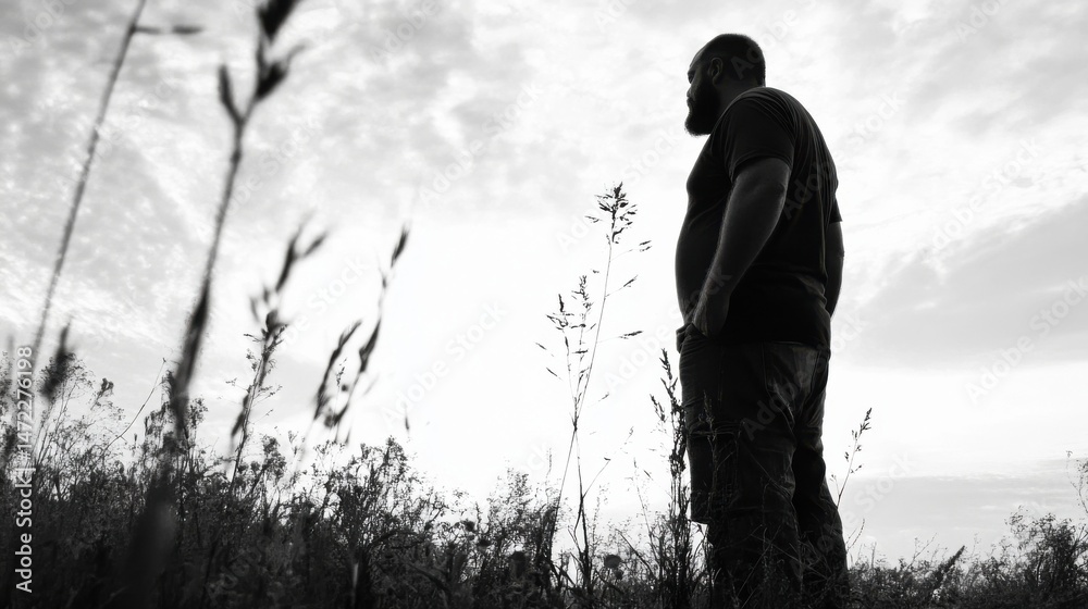 Silhouette of a pensive man standing in a field, gazing at the cloudy sky, hands in pockets, black and white photography. : Generative AI Silhouette of a pensive man standing in a field, gazing at the cloudy sky, hands in pockets, black and white photography. : Generative AI