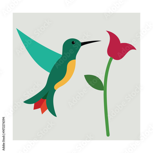Colorful illustration of a hovering hummingbird near a vibrant red flower isolated on light grey background