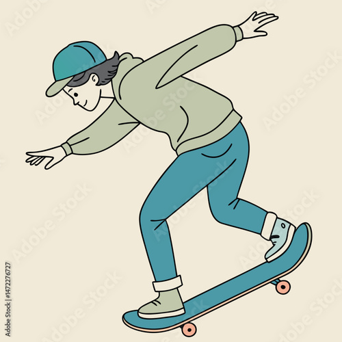Cartoon character of a child riding a skateboard with a cap and colorful outfit on a beige background