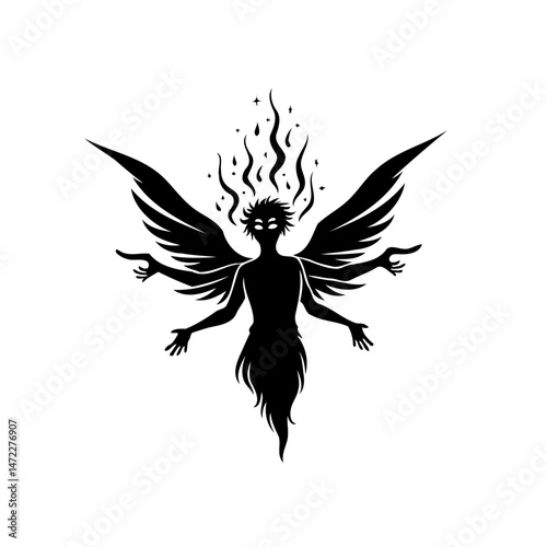 Ethereal being silhouette with wings and flames emanating from the head