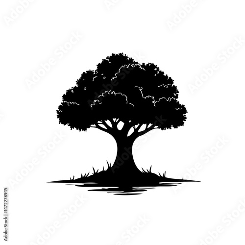 Silhouette of a majestic tree illustration against a clean white backdrop