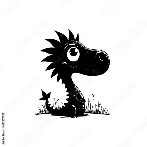 Whimsical black and white dragon illustration with playful design elements