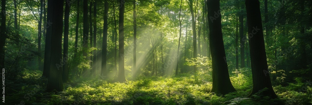 Obraz premium Sunbeams illuminate a lush green forest, dappling the ferns and moss on the forest floor, creating a mystical and serene atmosphere. : Generative AI