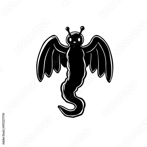 Stylized monochrome illustration of a fantastical winged creature design