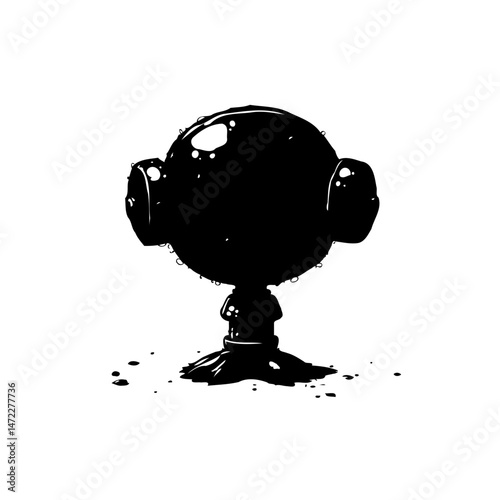 Stylized ink character silhouette with globular head and tiny limbs