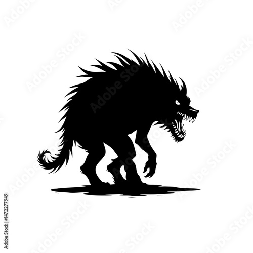 Menacing silhouette illustration of a bizarre creature with sharp teeth and spikes