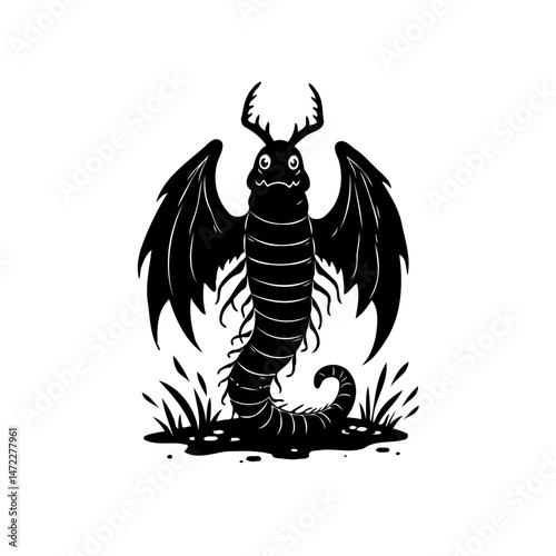 Whimsical winged worm creature with antler-like protrusions isolated artwork