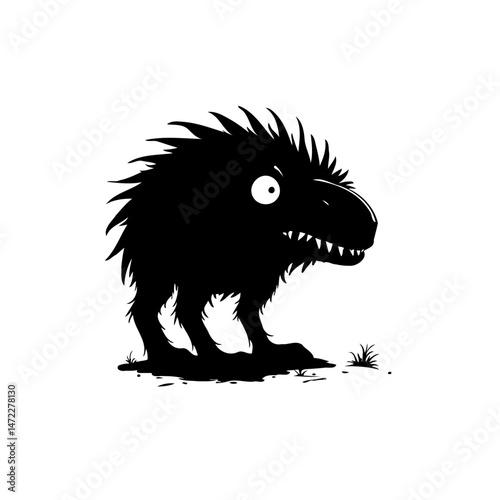 Stylized black creature illustration with spiked fur and wide-eyed expression