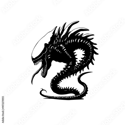 Monochrome alien serpent with menacing features and elaborate spiky anatomy