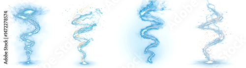 Spiral lightning bolts and electric helix energy trails in blue glow with glowing splash effects, transparent background for fantasy powers, sci-fi energy visuals, and magical action design