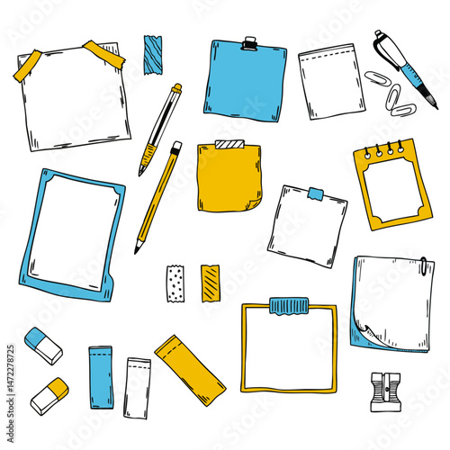 Hand draw doodle paper sheet. Hand drawn sketch notebook, sticky note and notepad page. Sketch doodle sheets vector illustration set. 