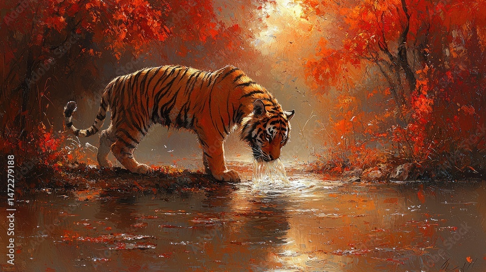 Fototapeta premium Majestic Tiger by Autumn Creek: A breathtaking wildlife painting capturing the serene beauty of nature and the majestic presence of a tiger drinking from a tranquil creek 