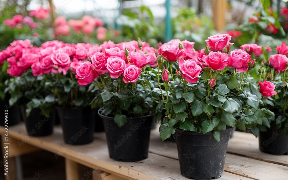Fototapeta premium Pink roses in pots on a wooden table inside a greenhouse.
