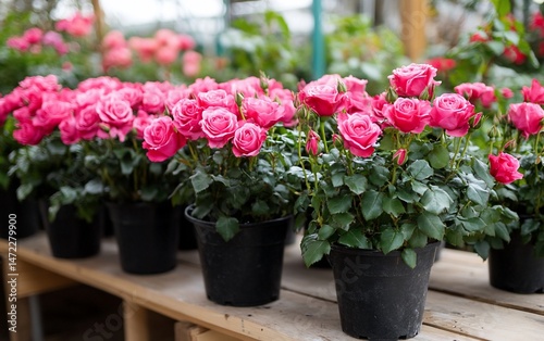 Wallpaper Mural Pink roses in pots on a wooden table inside a greenhouse. Torontodigital.ca