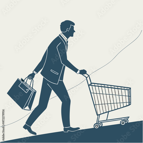 Silhouette business man pushing shopping cart uphill with bag optimistic investment