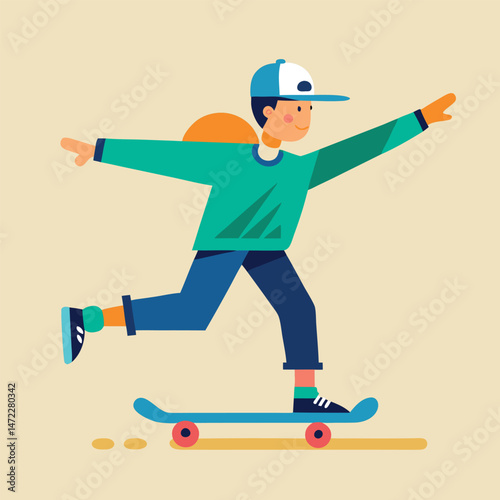 Cartoon character of a child riding a skateboard with a cap and colorful outfit on a beige background