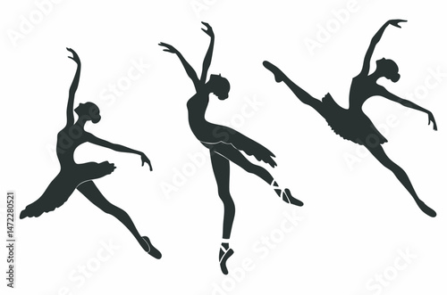 Elegant ballet dancer silhouettes set expressing movement grace and poise isolated on white