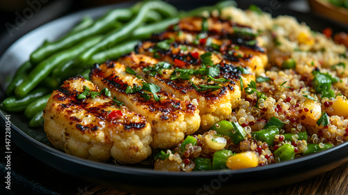 Grilled Cauliflower Steak with Quinoa and Green Bean Side Dish