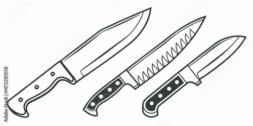 Line art illustration of three kitchen knives in different sizes and styles