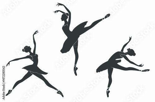 Three elegant ballerinas in various poses black silhouette on white background
