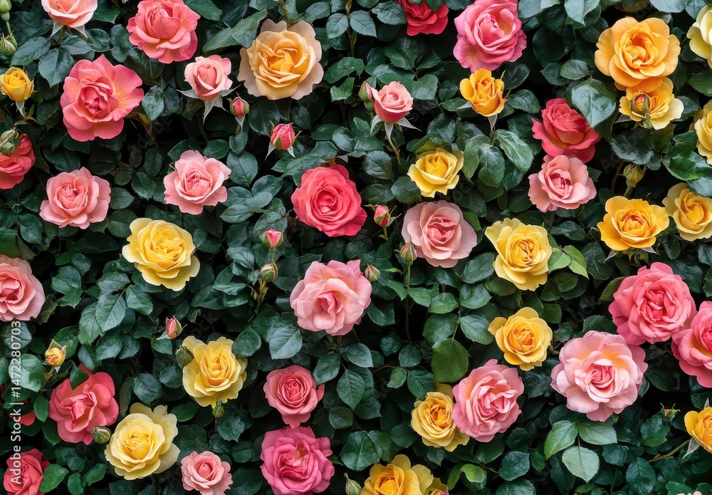 Fototapeta premium Colorful Floral Wall of Roses with Pink, Yellow, and Orange Blooms Surrounded by Lush Green Leaves for Vibrant Nature Aesthetic in Garden Settings
