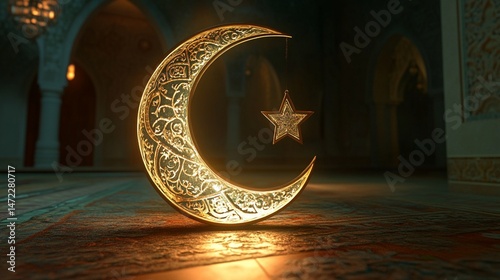 3D render of a crescent moon and star with ornamental Islamic patterns, glowing softly.