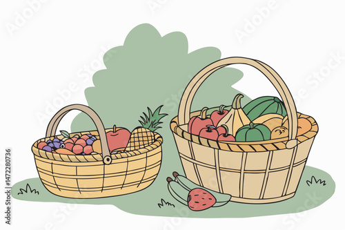 Baskets overflowing with fresh harvested fruits and vegetables vector illustration